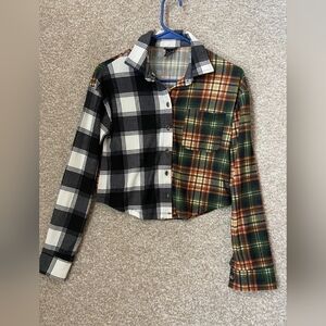 SOLD Rue21 Woman's Split Plaid Button Up Cropped Long Sleeve Top - Large